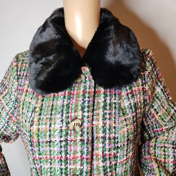 NWT Modcloth Multi Colored Tweed Flare Coat Removable Faux Fur Collar Small - Picture 5 of 16